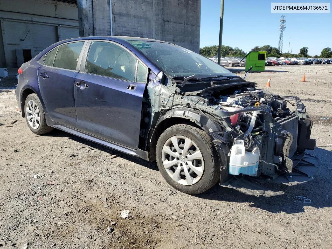 2021 Toyota Corolla Le VIN: JTDEPMAE6MJ136572 Lot: 75060574