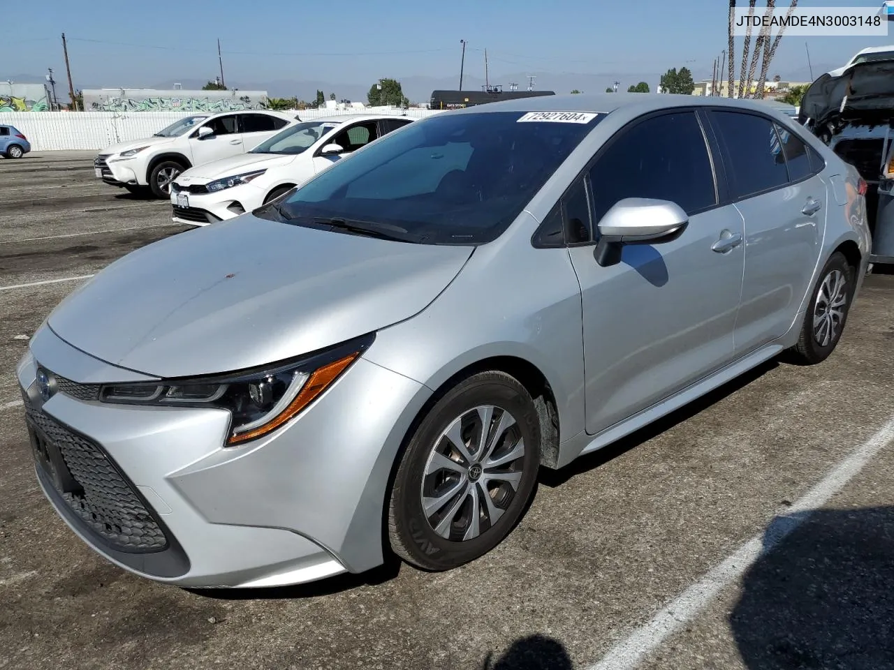 2022 Toyota Corolla Le VIN: JTDEAMDE4N3003148 Lot: 72927604