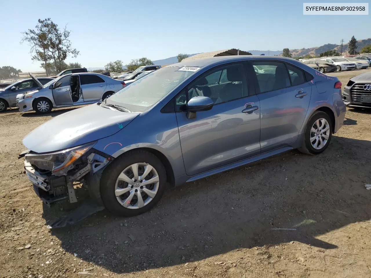 2022 Toyota Corolla Le VIN: 5YFEPMAE8NP302958 Lot: 72992444