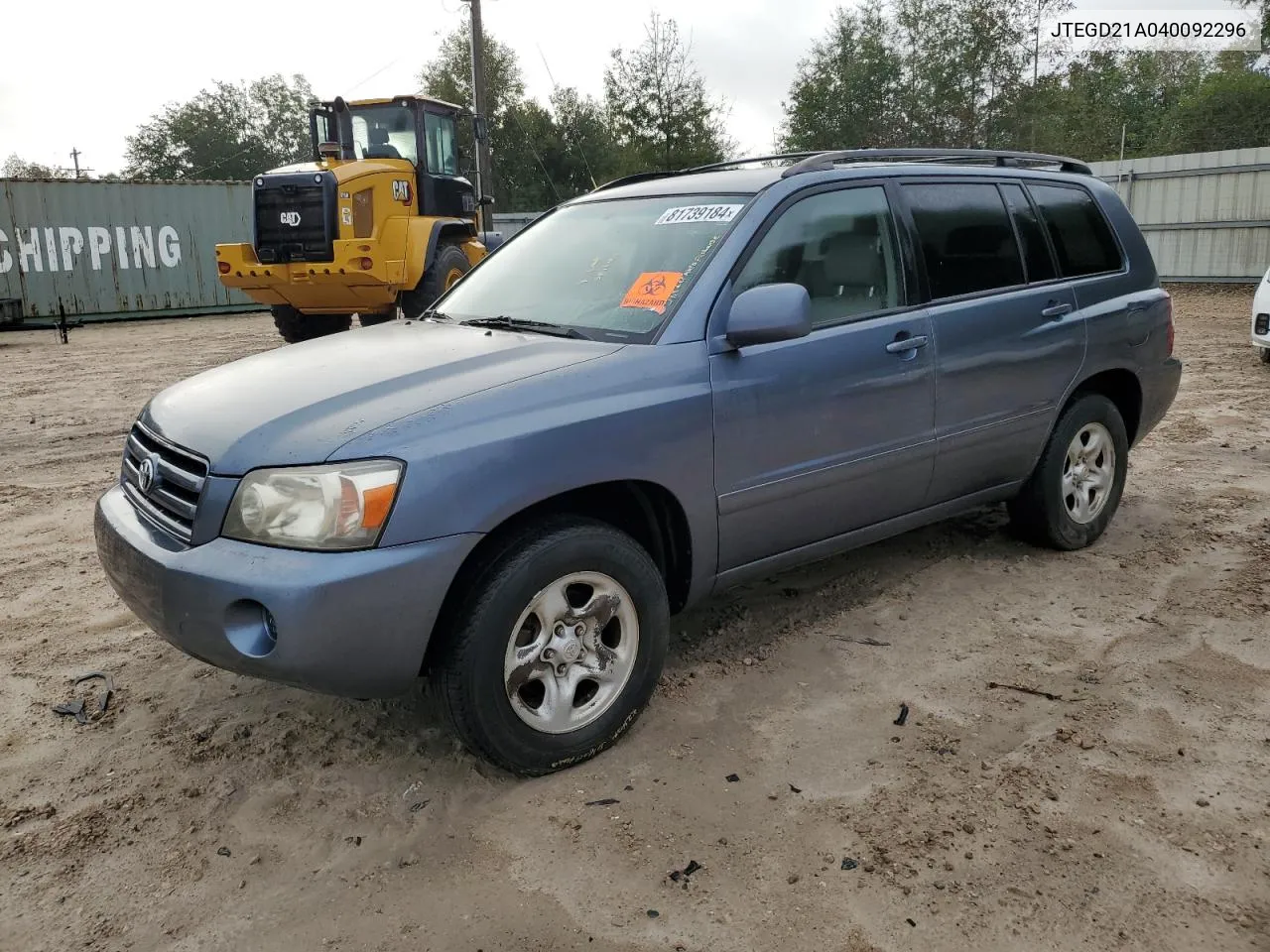 2004 Toyota Highlander VIN: JTEGD21A040092296 Lot: 81739184