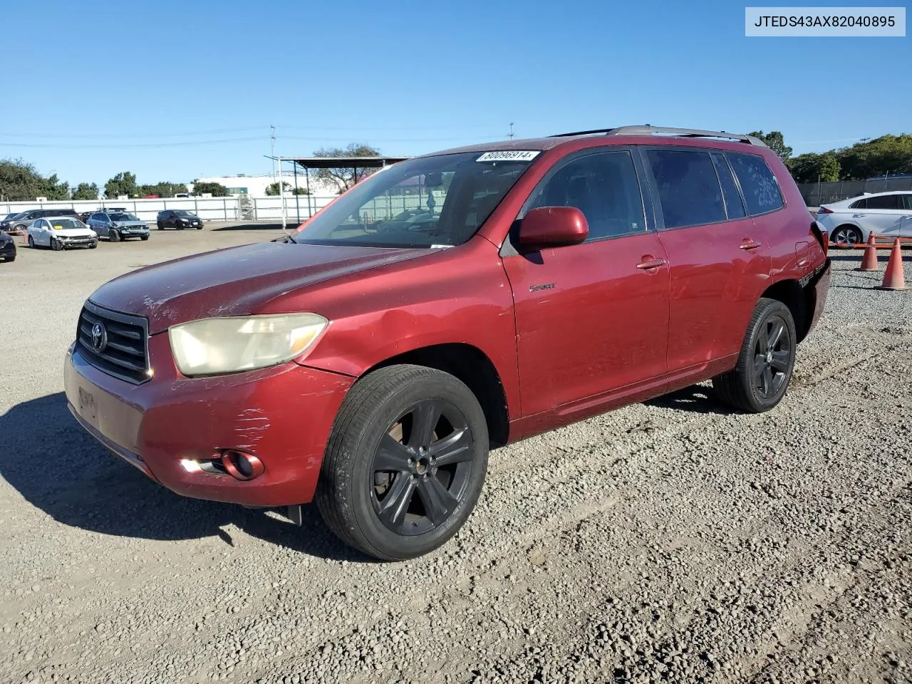 2008 Toyota Highlander Sport VIN: JTEDS43AX82040895 Lot: 80096914