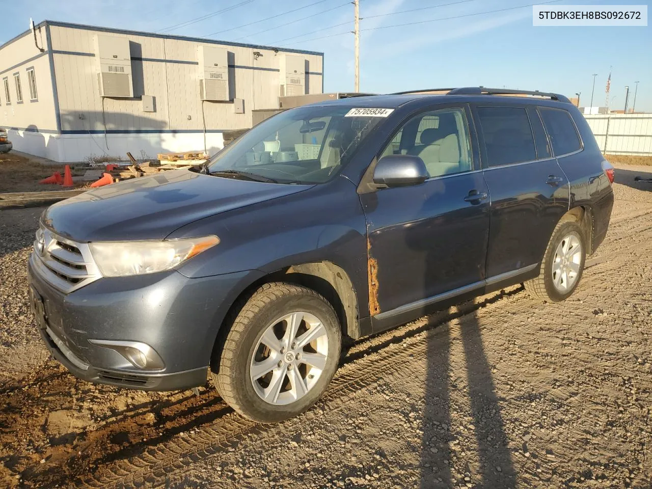 2011 Toyota Highlander Base VIN: 5TDBK3EH8BS092672 Lot: 75705934