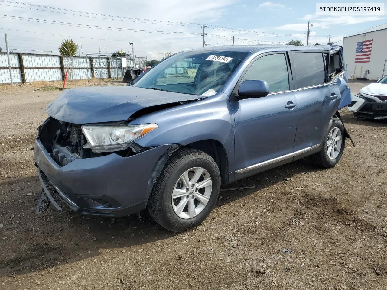 2013 Toyota Highlander Base VIN: 5TDBK3EH2DS197419 Lot: 71851594