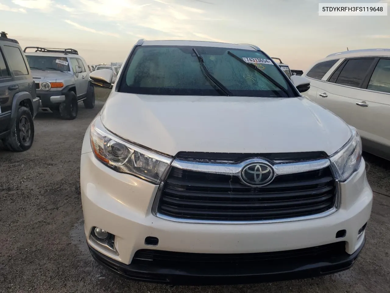 2015 Toyota Highlander Limited VIN: 5TDYKRFH3FS119648 Lot: 74313654