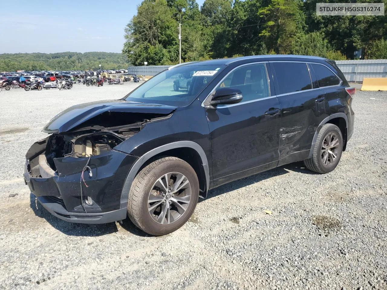 2016 Toyota Highlander Xle VIN: 5TDJKRFH5GS316274 Lot: 67214754