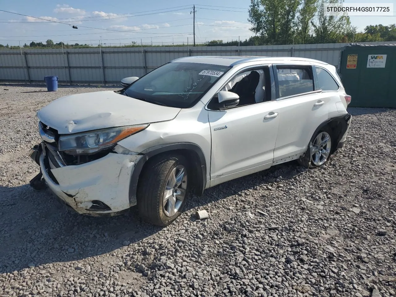 2016 Toyota Highlander Hybrid Limited VIN: 5TDDCRFH4GS017725 Lot: 67970534