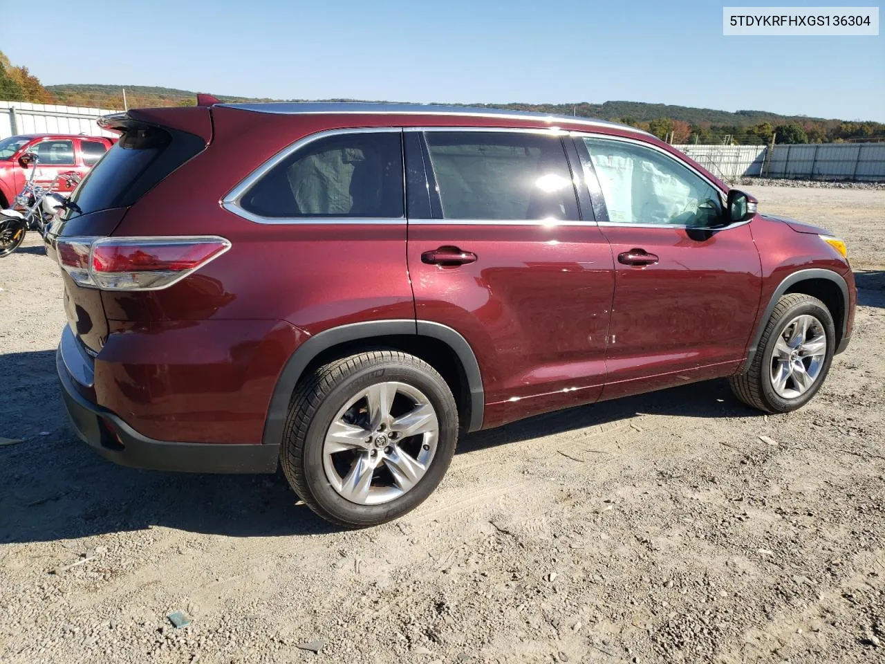 2016 Toyota Highlander Limited VIN: 5TDYKRFHXGS136304 Lot: 77234874