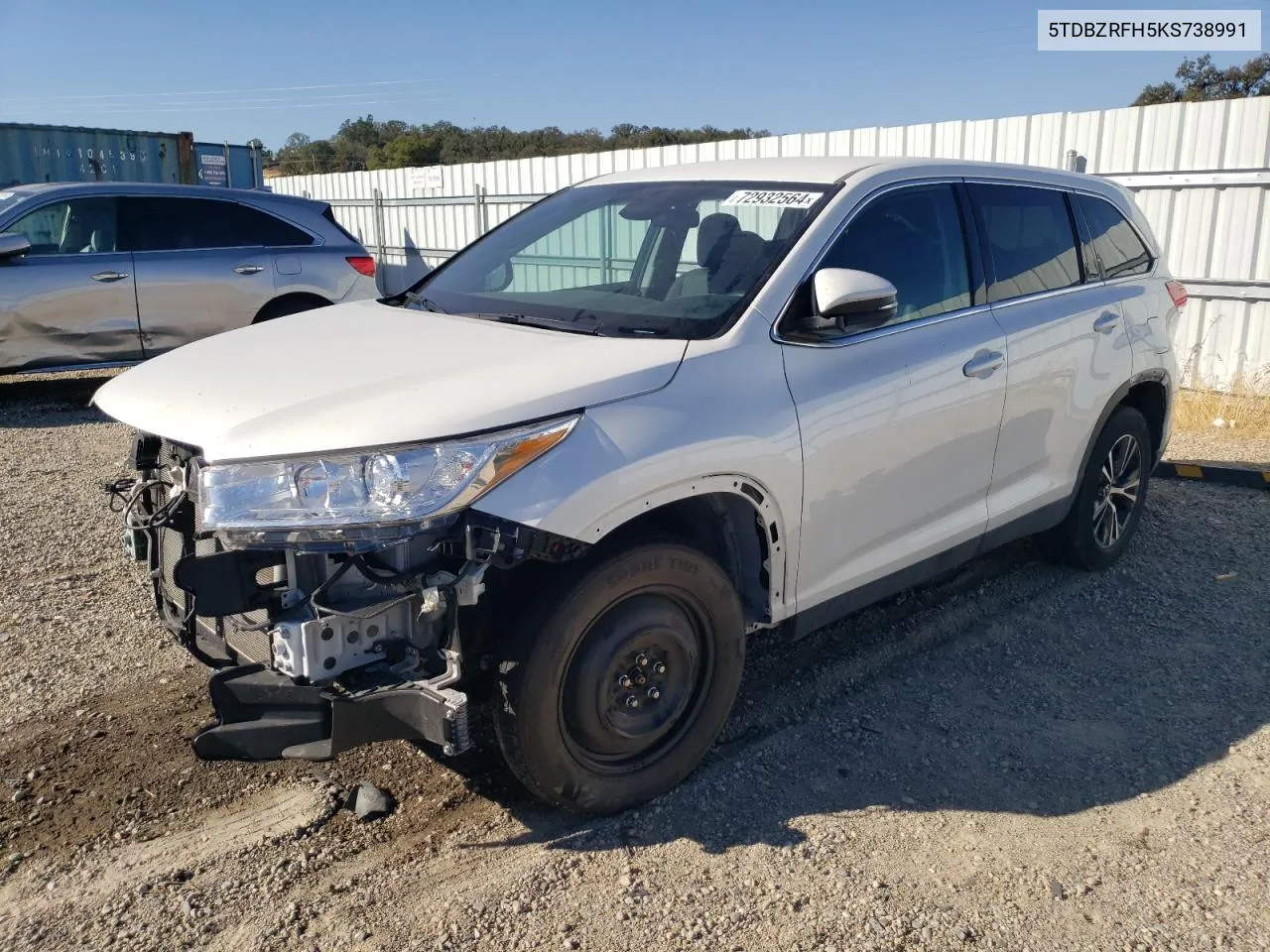 2019 Toyota Highlander Le VIN: 5TDBZRFH5KS738991 Lot: 72932564