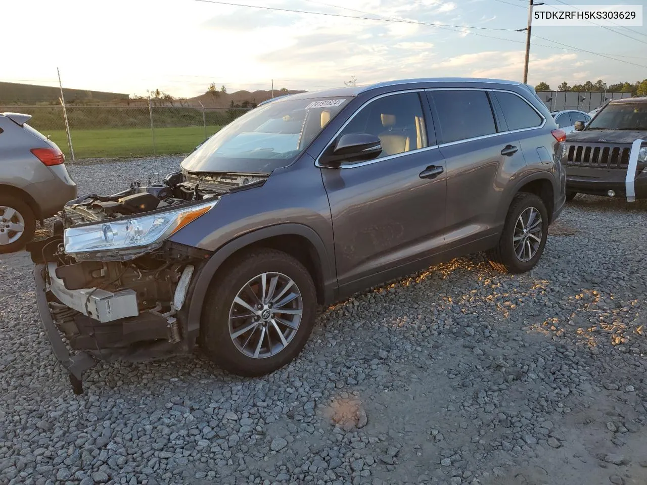 2019 Toyota Highlander Se VIN: 5TDKZRFH5KS303629 Lot: 74191624