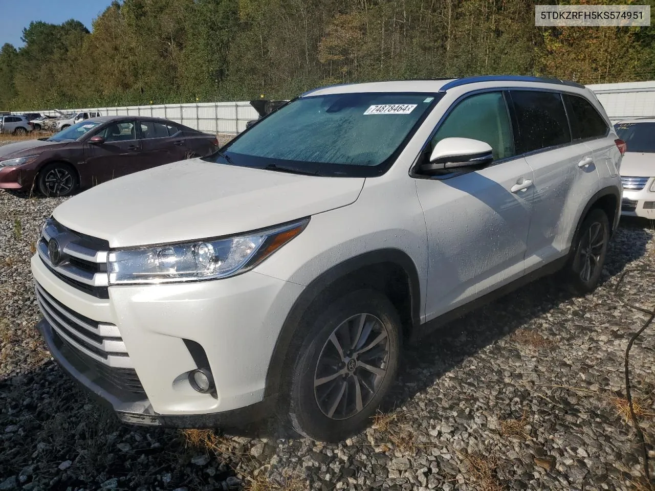 2019 Toyota Highlander Se VIN: 5TDKZRFH5KS574951 Lot: 74878464