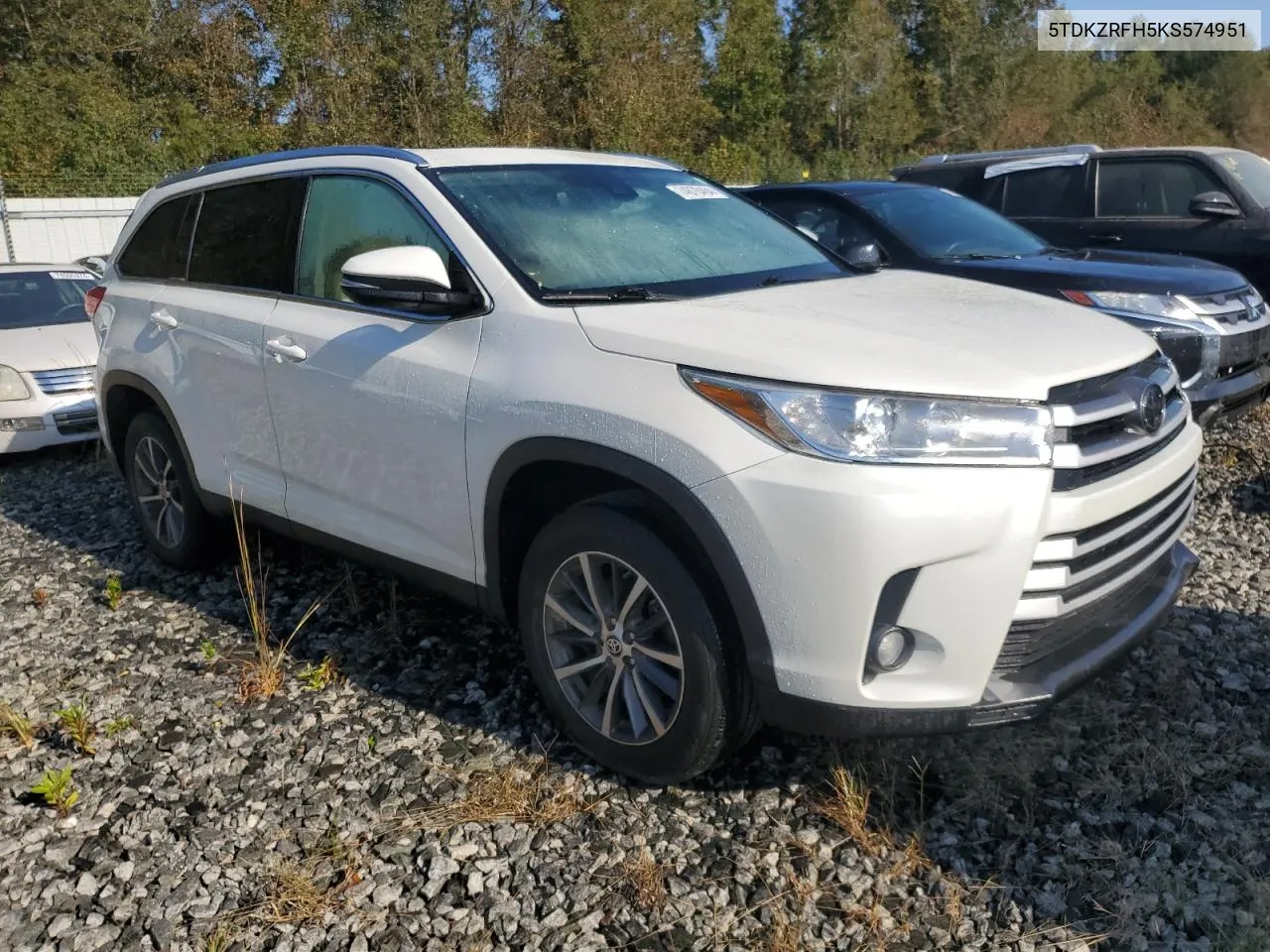 2019 Toyota Highlander Se VIN: 5TDKZRFH5KS574951 Lot: 74878464