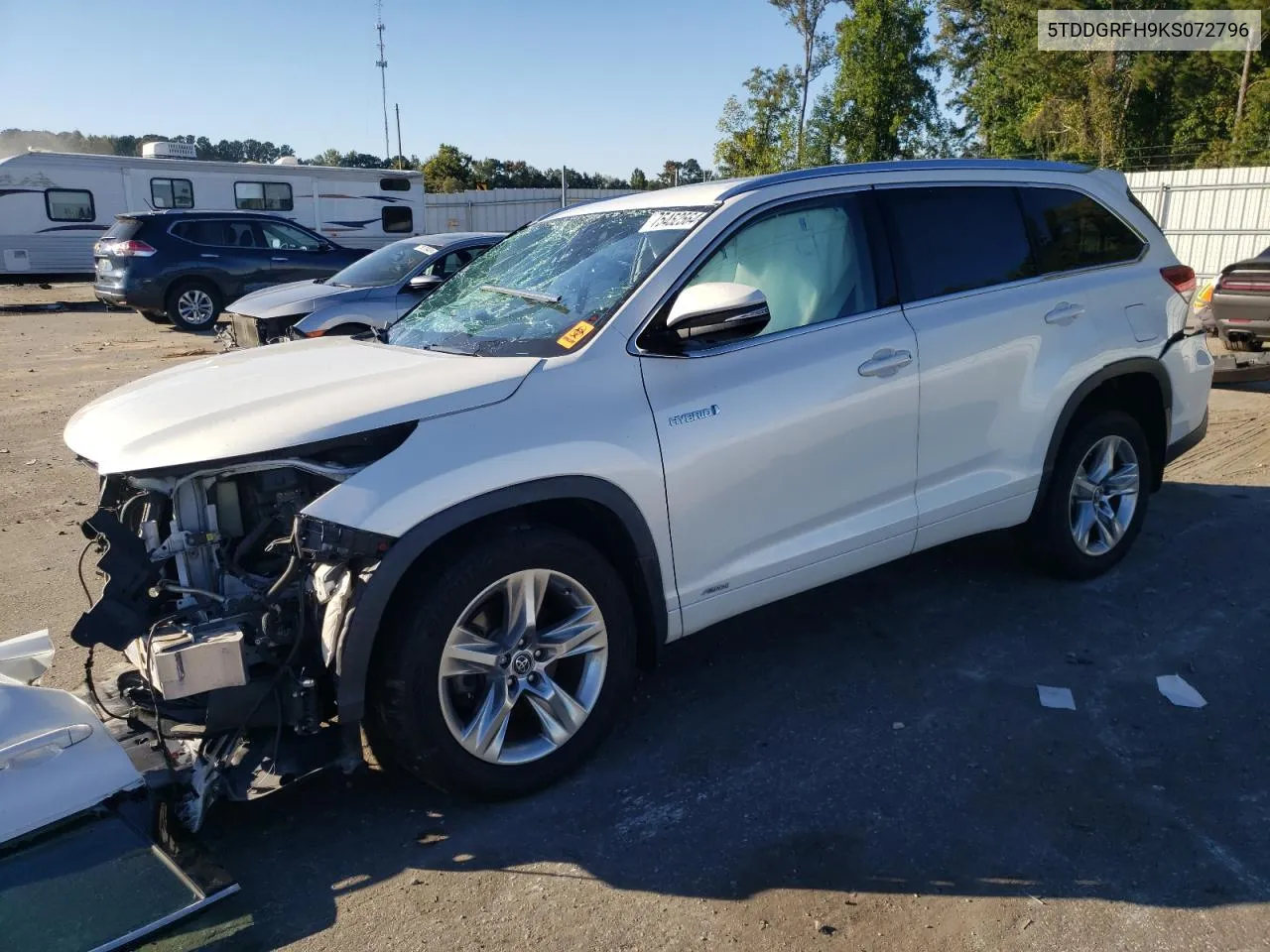 2019 Toyota Highlander Hybrid Limited VIN: 5TDDGRFH9KS072796 Lot: 75452564