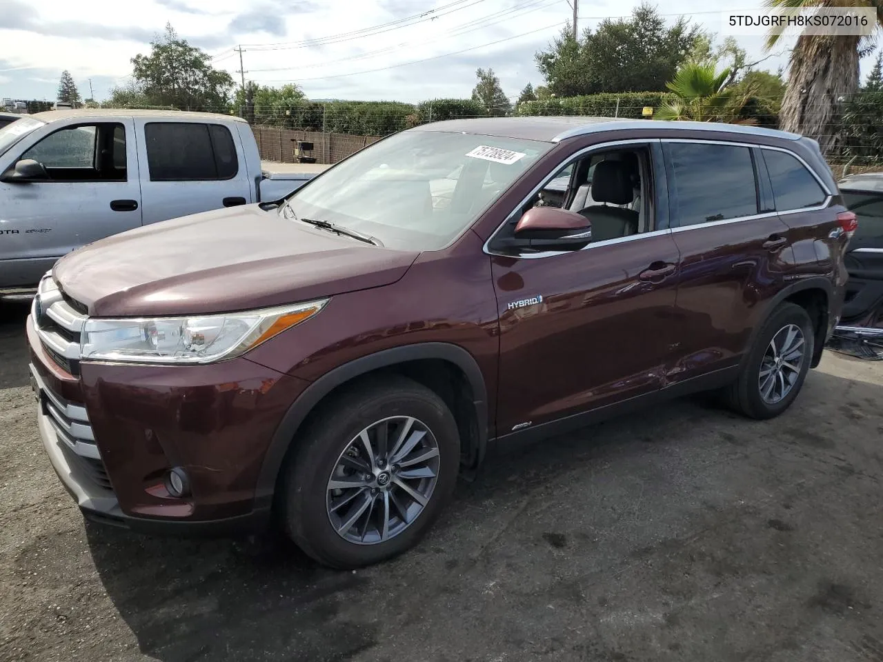 2019 Toyota Highlander Hybrid VIN: 5TDJGRFH8KS072016 Lot: 75728924