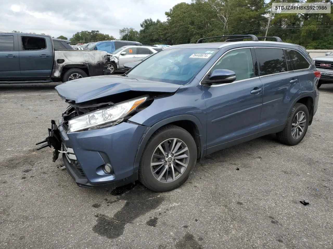 2019 Toyota Highlander Se VIN: 5TDJZRFH8KS920986 Lot: 76440674