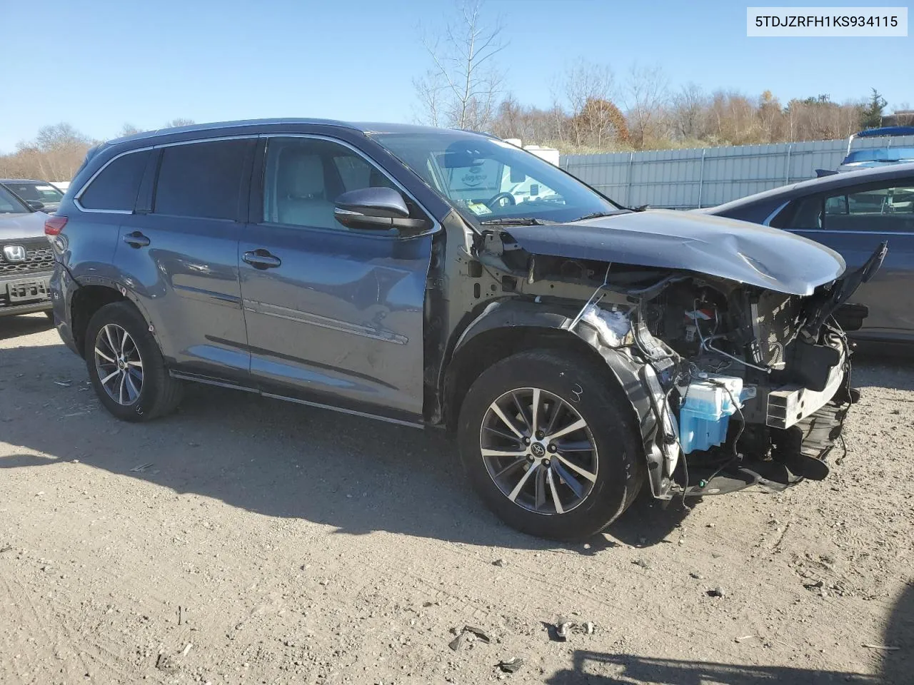 2019 Toyota Highlander Se VIN: 5TDJZRFH1KS934115 Lot: 78703914