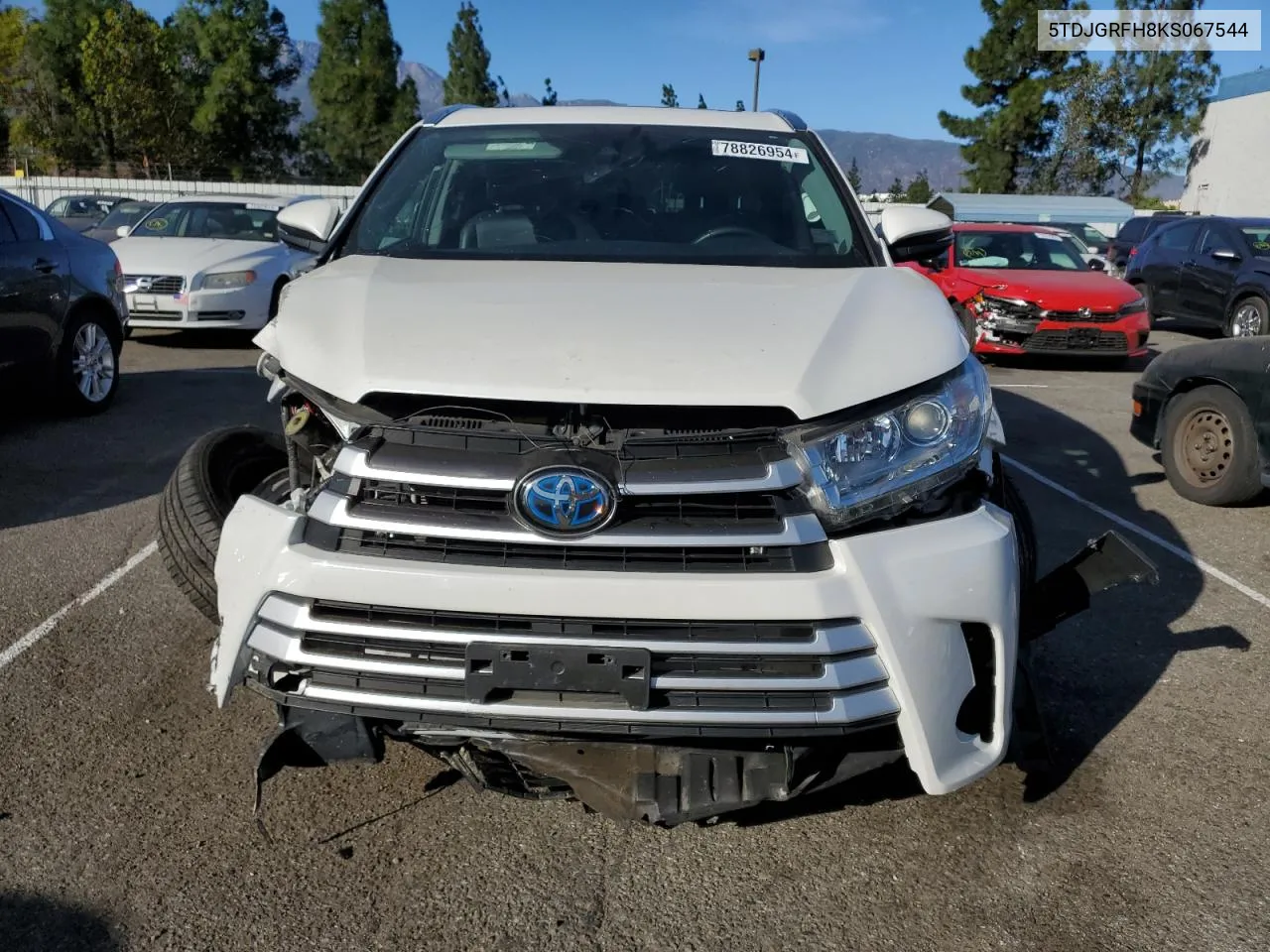 2019 Toyota Highlander Hybrid VIN: 5TDJGRFH8KS067544 Lot: 78826954