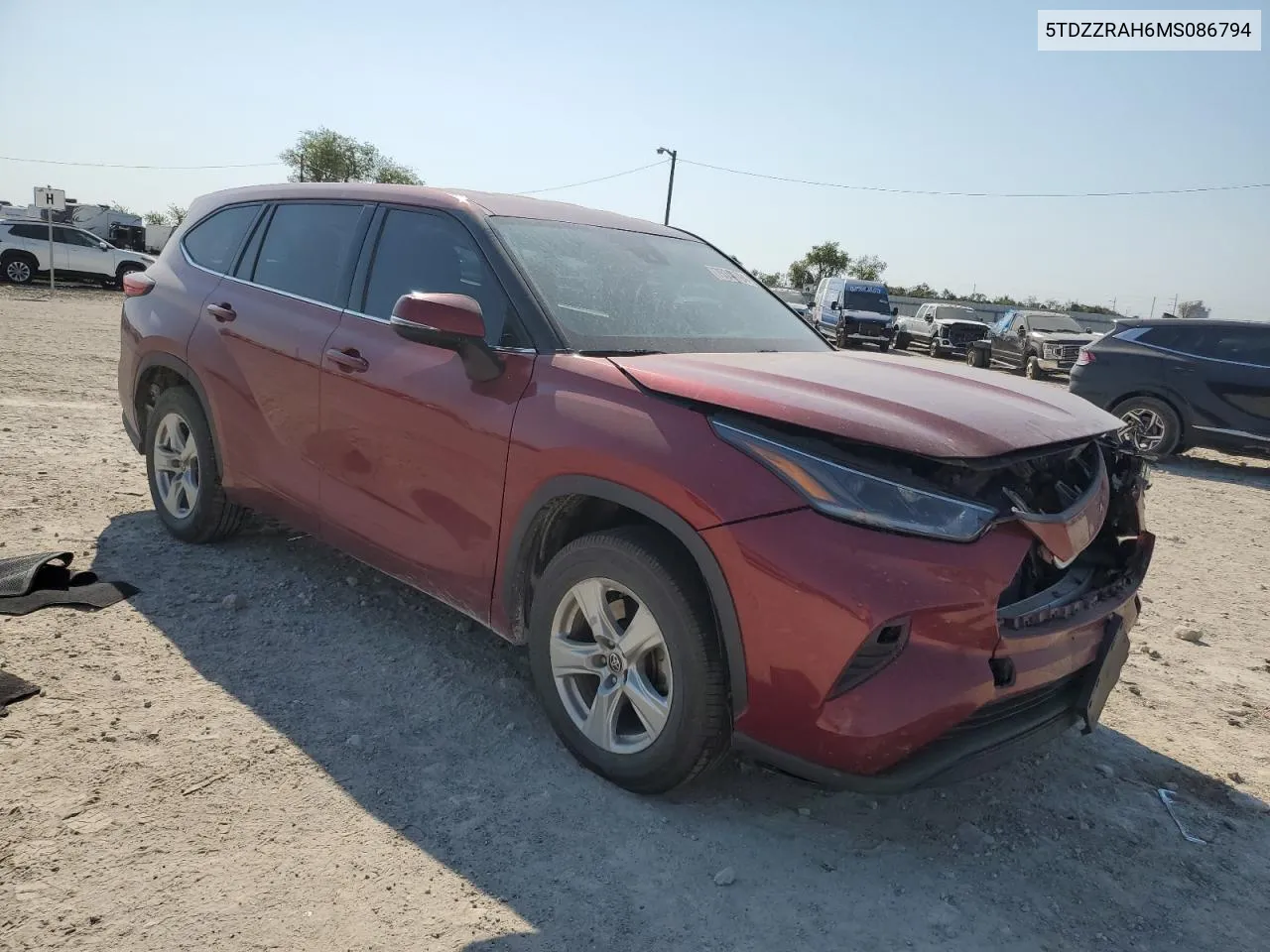 2021 Toyota Highlander L VIN: 5TDZZRAH6MS086794 Lot: 75344794