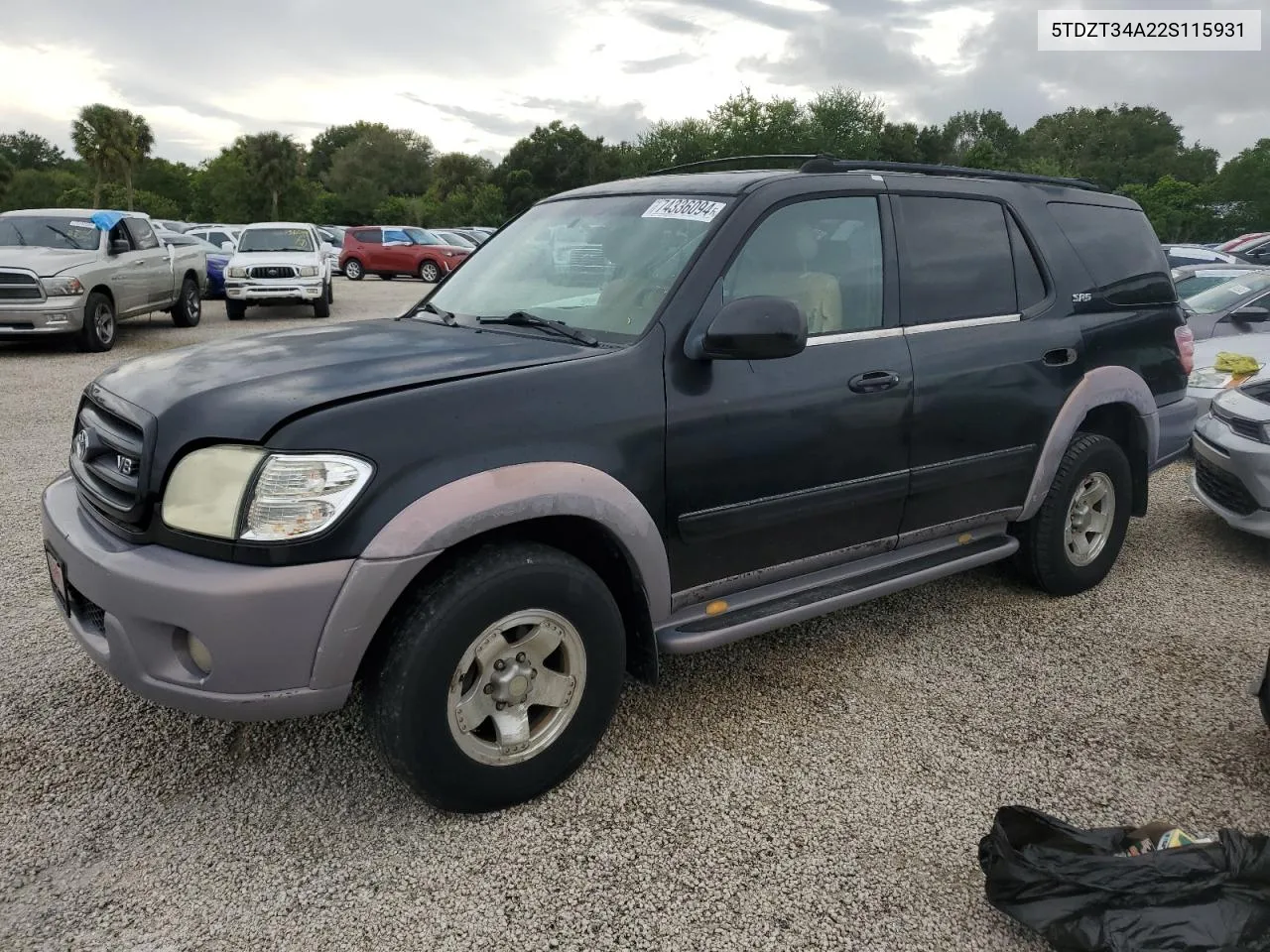 2002 Toyota Sequoia Sr5 VIN: 5TDZT34A22S115931 Lot: 74336094