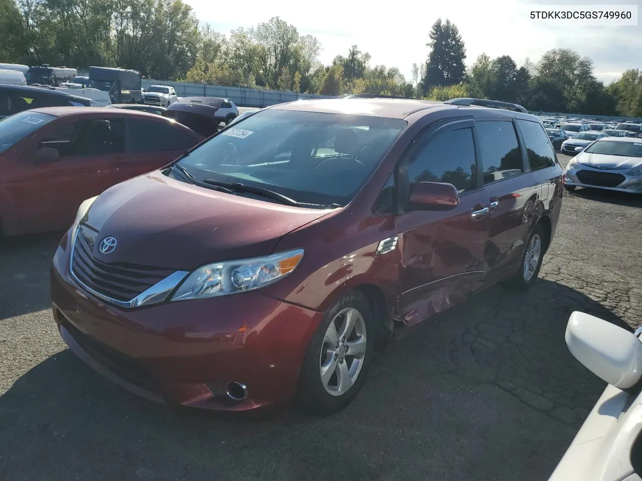 2016 Toyota Sienna Le VIN: 5TDKK3DC5GS749960 Lot: 75721264