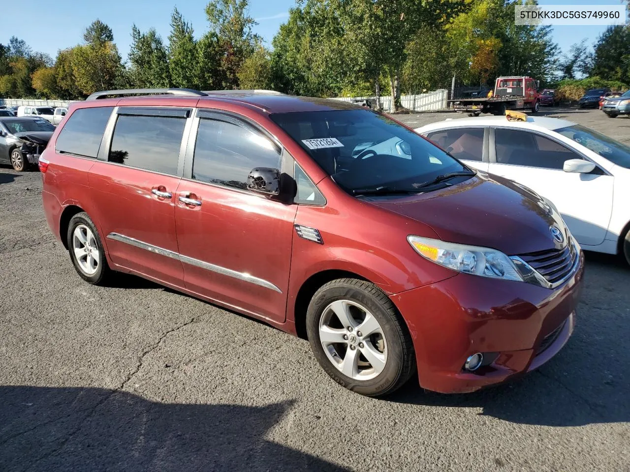 2016 Toyota Sienna Le VIN: 5TDKK3DC5GS749960 Lot: 75721264