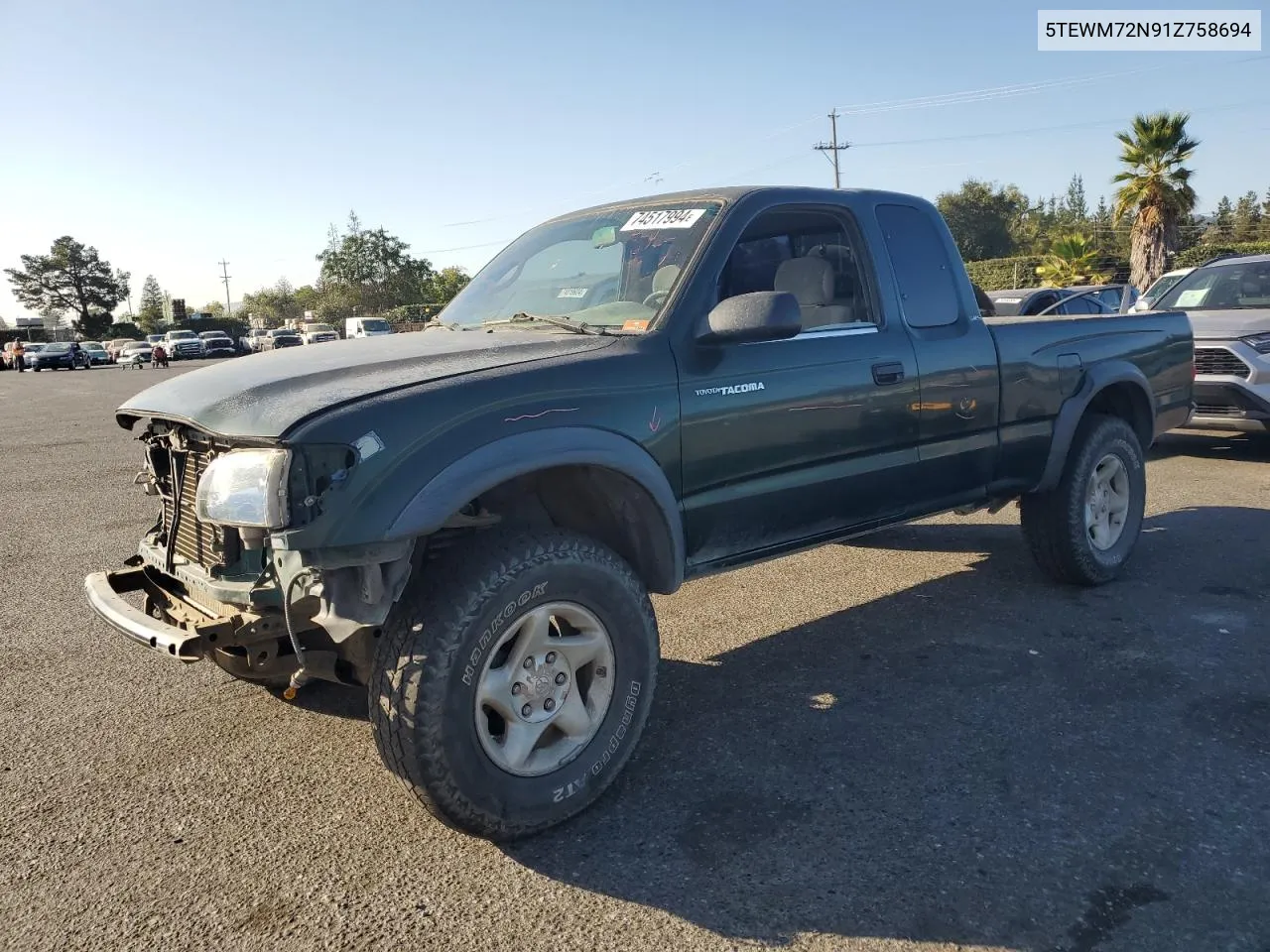 2001 Toyota Tacoma Xtracab VIN: 5TEWM72N91Z758694 Lot: 74517994