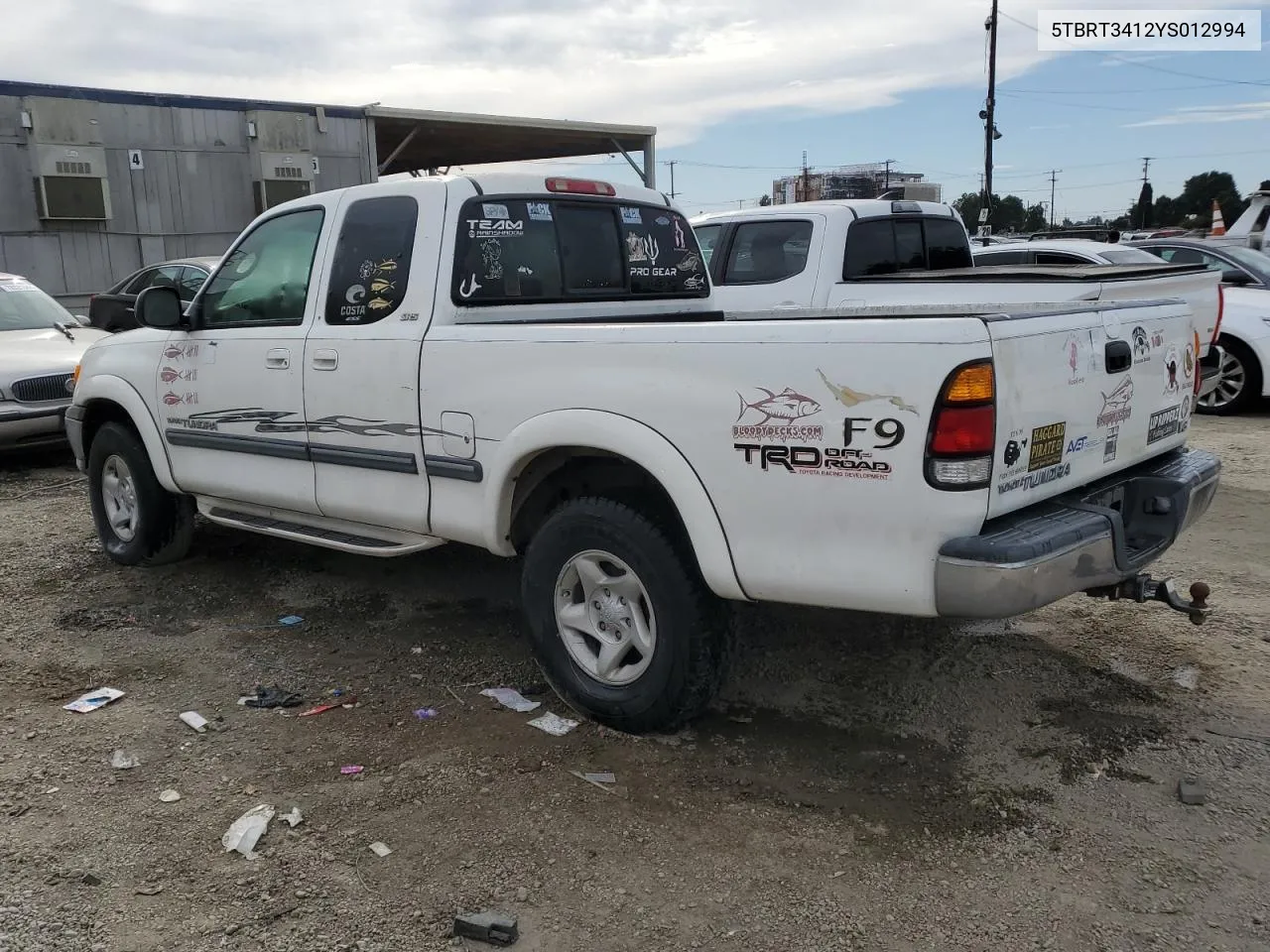 2000 Toyota Tundra Access Cab VIN: 5TBRT3412YS012994 Lot: 80228524