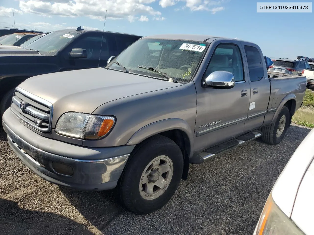 2002 Toyota Tundra Access Cab VIN: 5TBRT34102S316378 Lot: 74775714