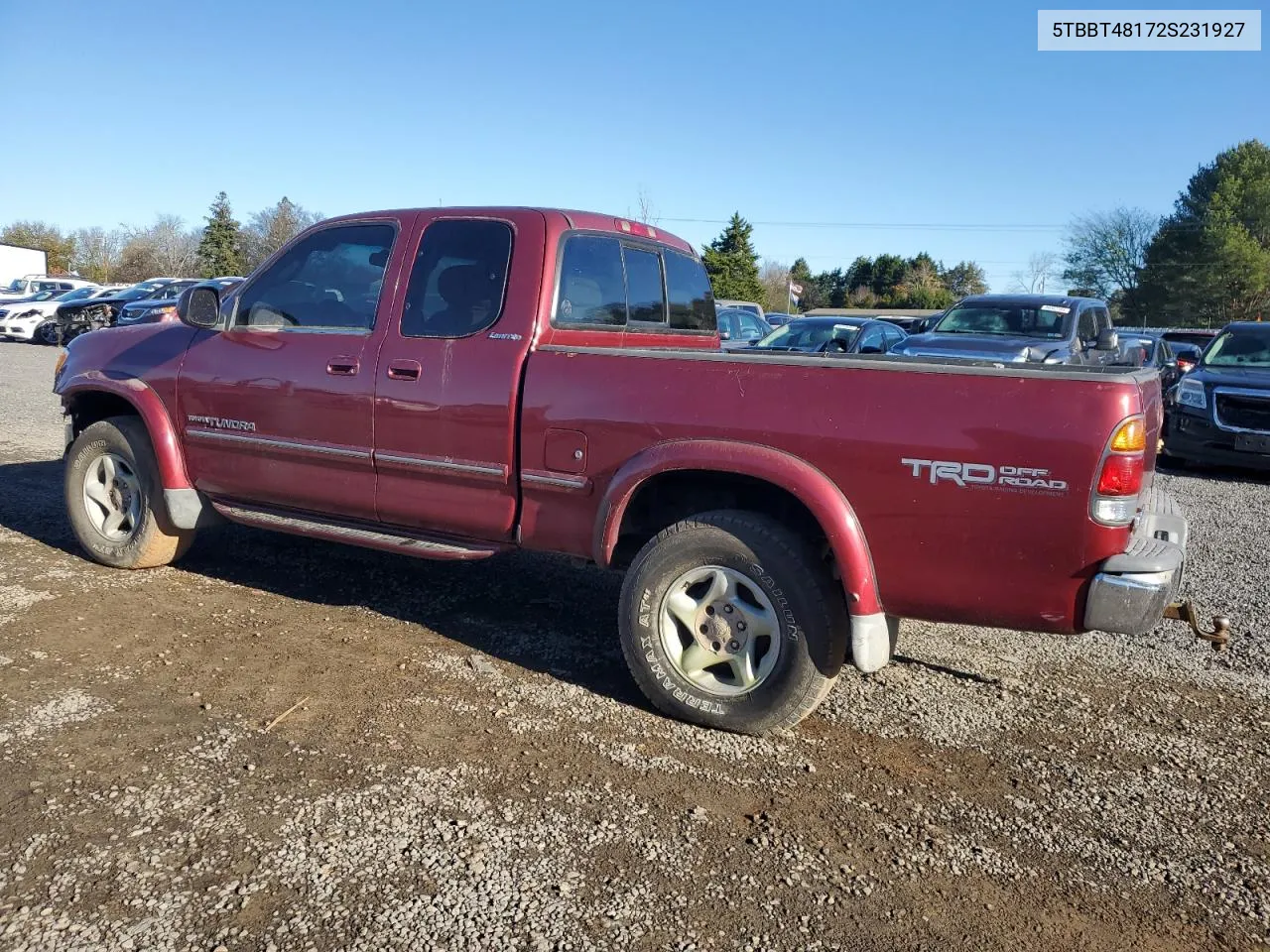 2002 Toyota Tundra Access Cab Limited VIN: 5TBBT48172S231927 Lot: 81641424