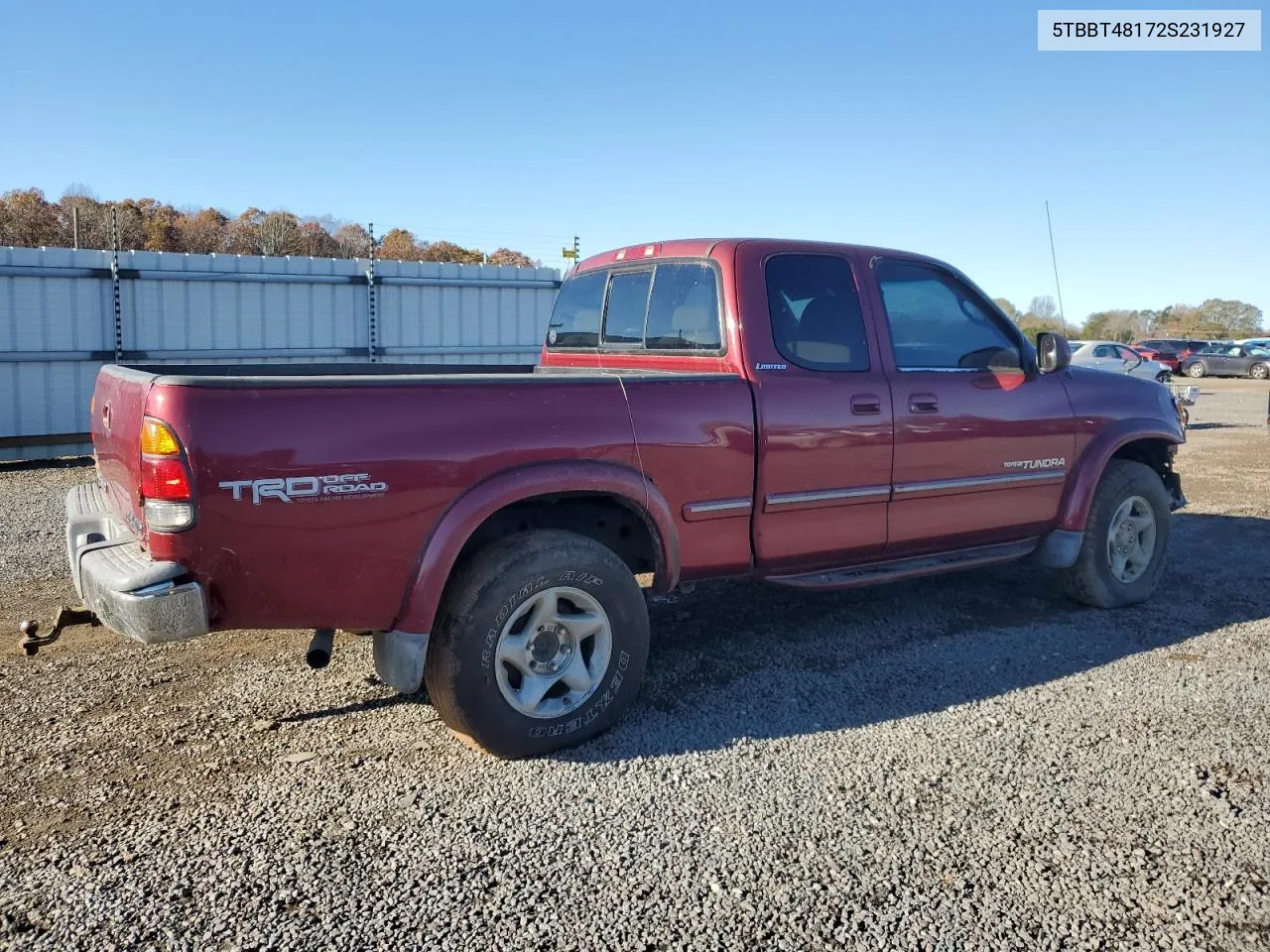 2002 Toyota Tundra Access Cab Limited VIN: 5TBBT48172S231927 Lot: 81641424