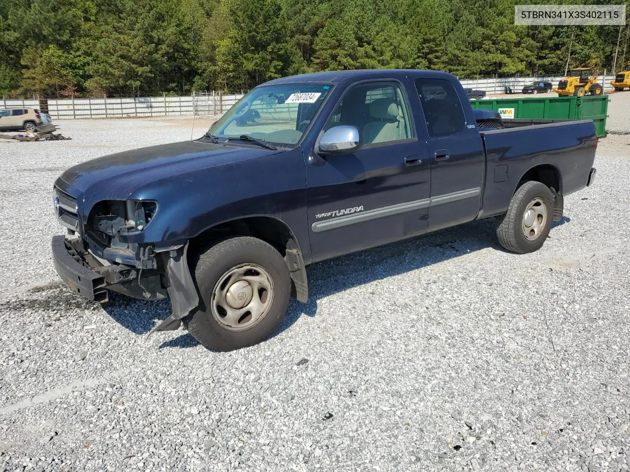 2003 Toyota Tundra Access Cab Sr5 VIN: 5TBRN341X3S402115 Lot: 72687034