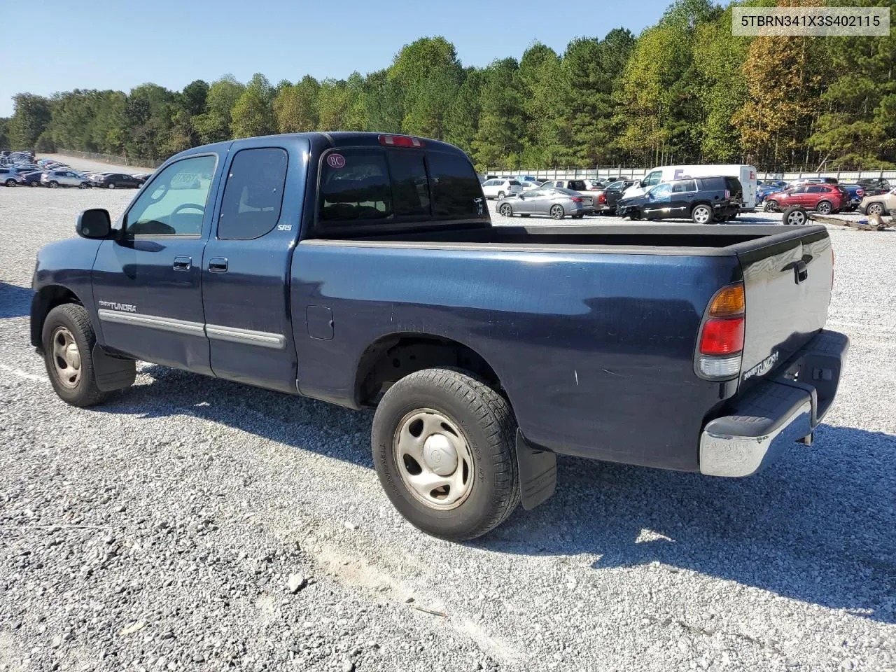 2003 Toyota Tundra Access Cab Sr5 VIN: 5TBRN341X3S402115 Lot: 72687034