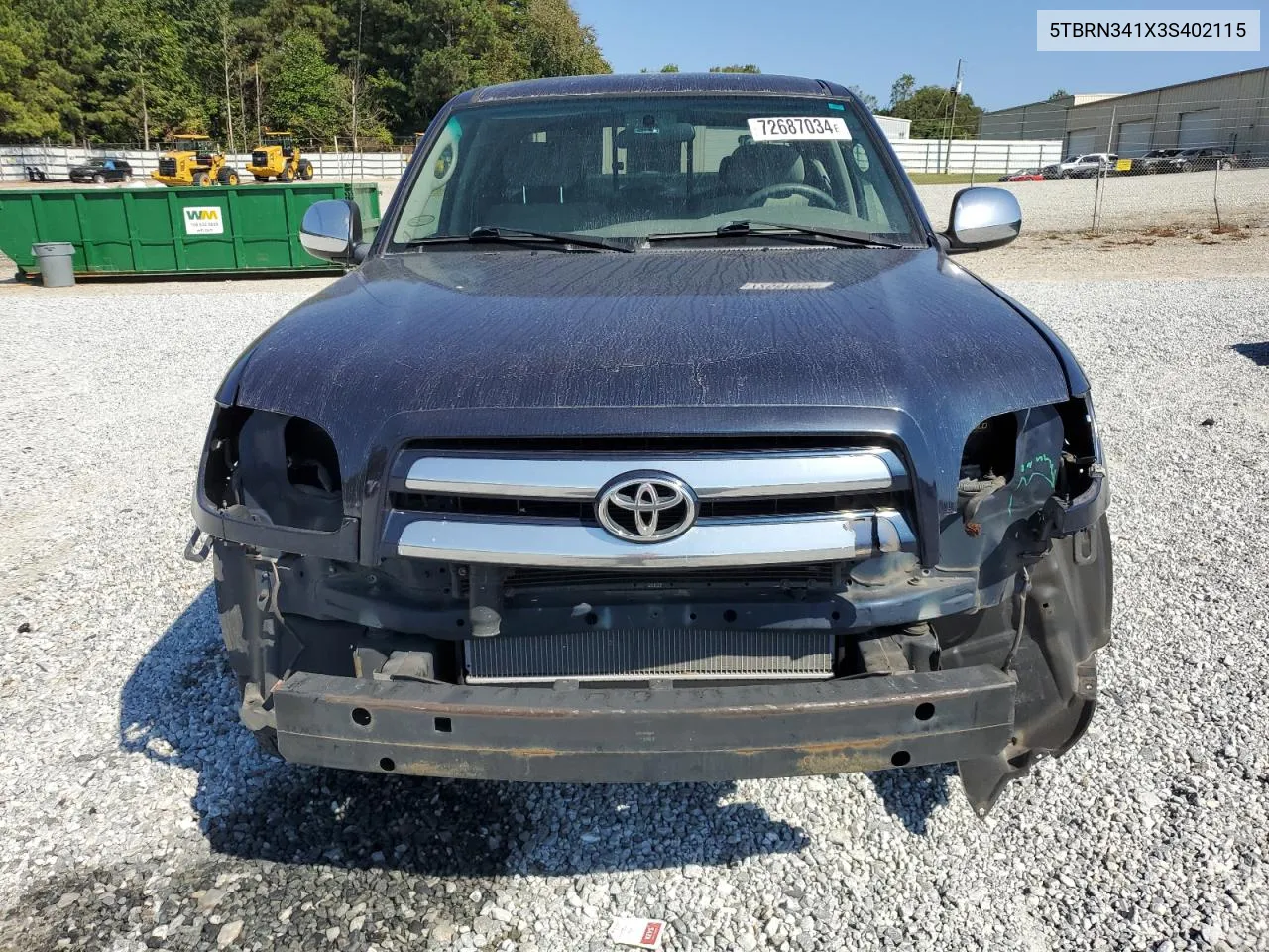 2003 Toyota Tundra Access Cab Sr5 VIN: 5TBRN341X3S402115 Lot: 72687034