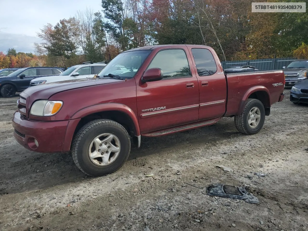 2003 Toyota Tundra Access Cab Limited VIN: 5TBBT48193S408379 Lot: 76301294