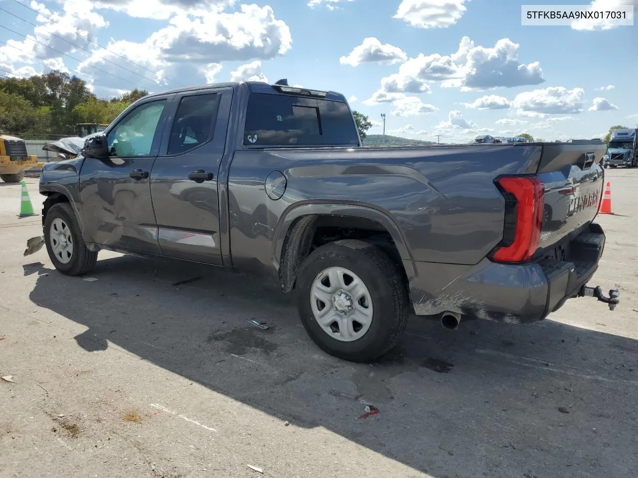 2022 Toyota Tundra Double Cab Sr VIN: 5TFKB5AA9NX017031 Lot: 72454964