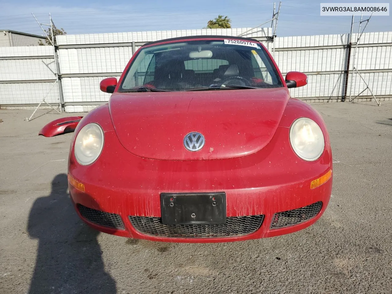 2010 Volkswagen New Beetle VIN: 3VWRG3AL8AM008646 Lot: 75280974