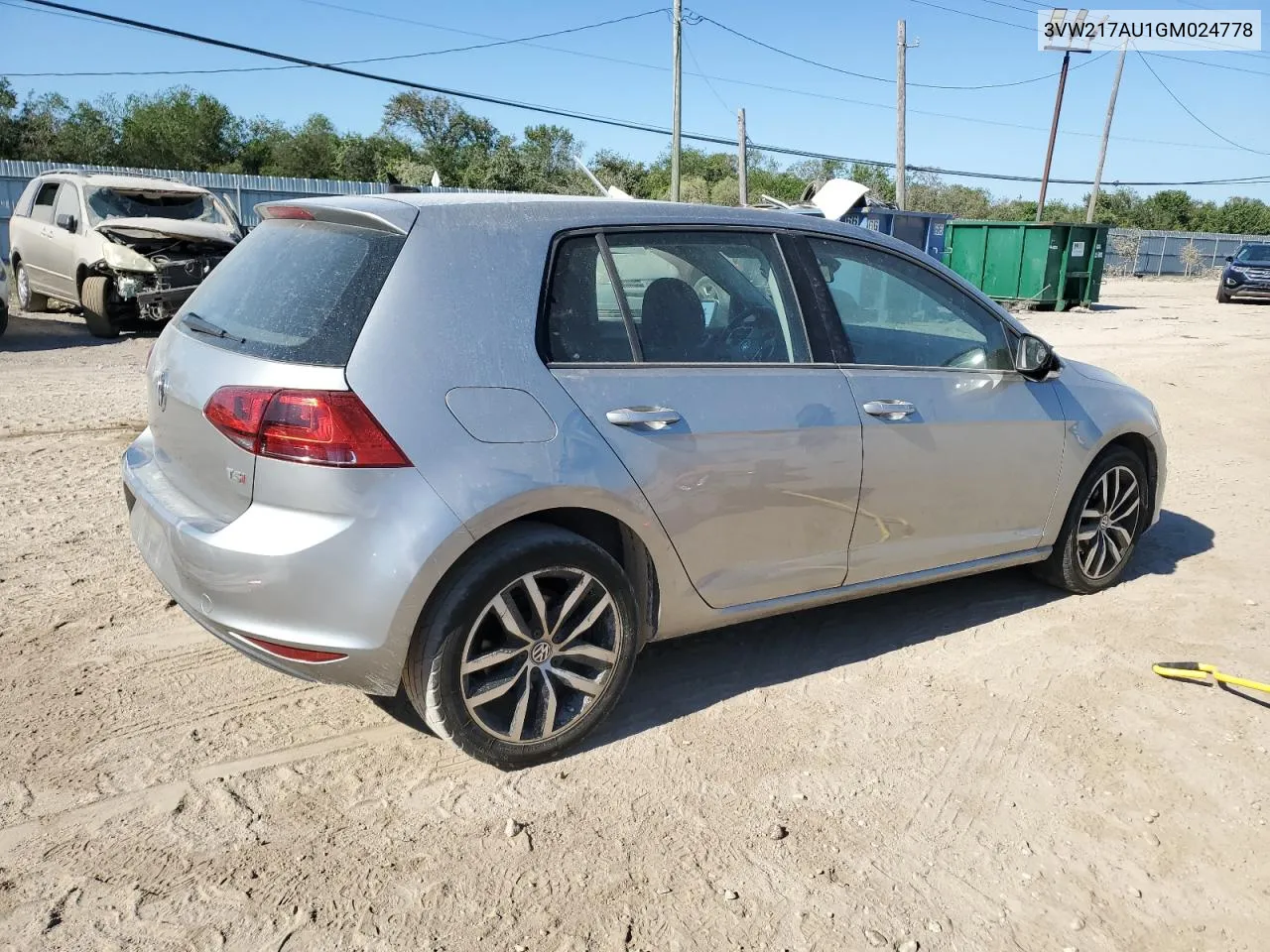 2016 Volkswagen Golf S/Se VIN: 3VW217AU1GM024778 Lot: 73036944