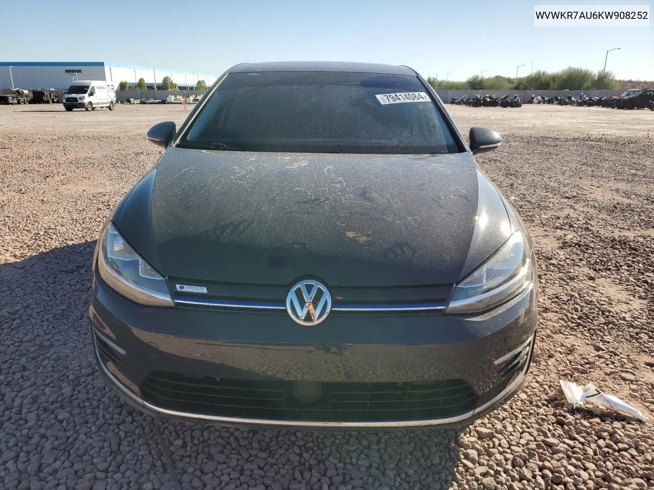 2019 Volkswagen E-Golf Se VIN: WVWKR7AU6KW908252 Lot: 79414084