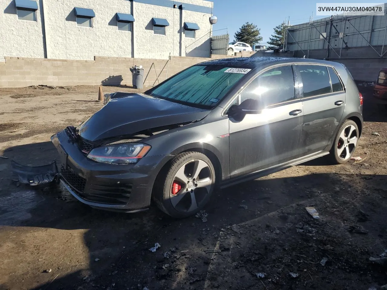 2016 Volkswagen Gti S/Se VIN: 3VW447AU3GM040478 Lot: 81276934