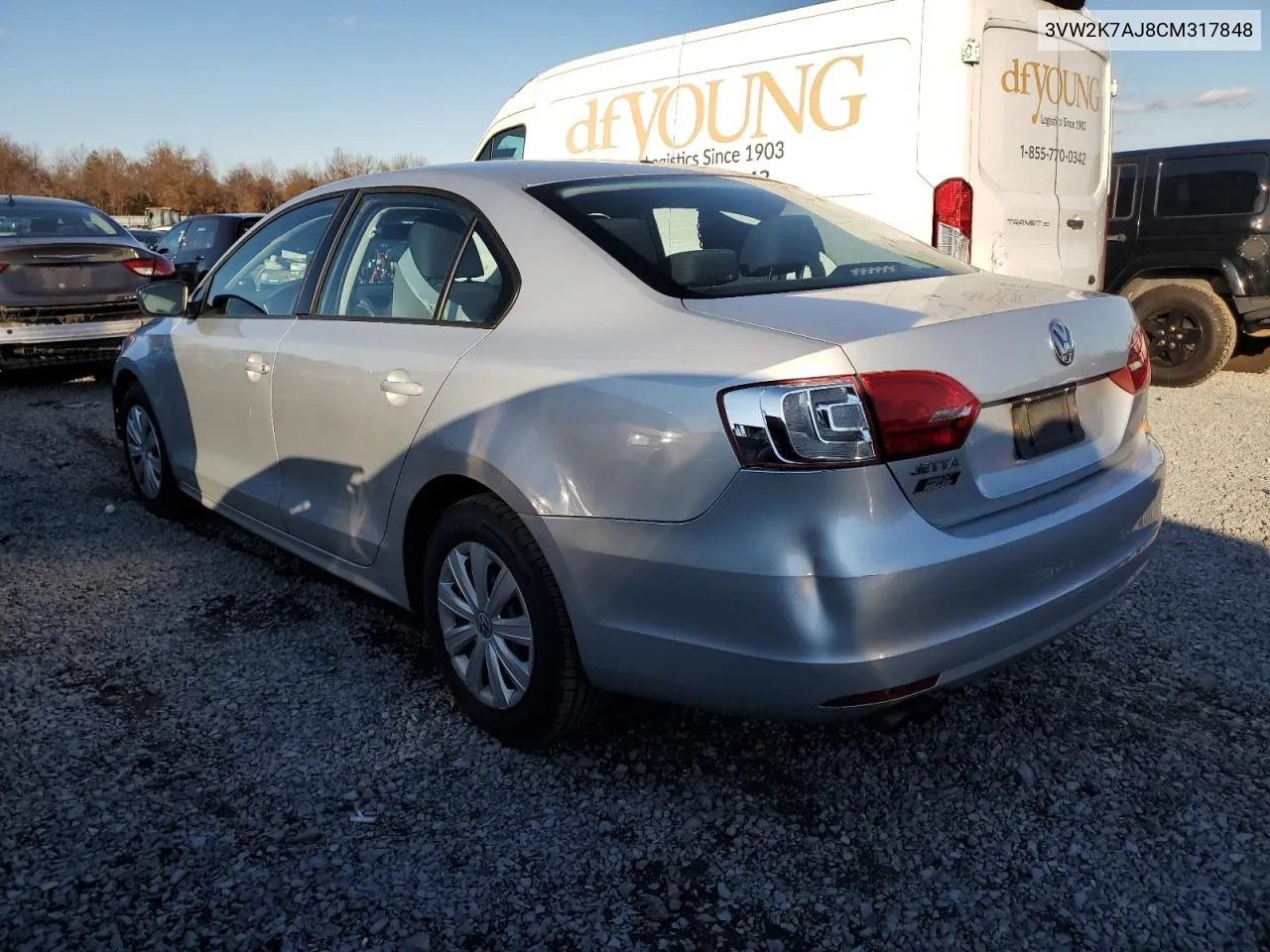 2012 Volkswagen Jetta Base VIN: 3VW2K7AJ8CM317848 Lot: 80179934