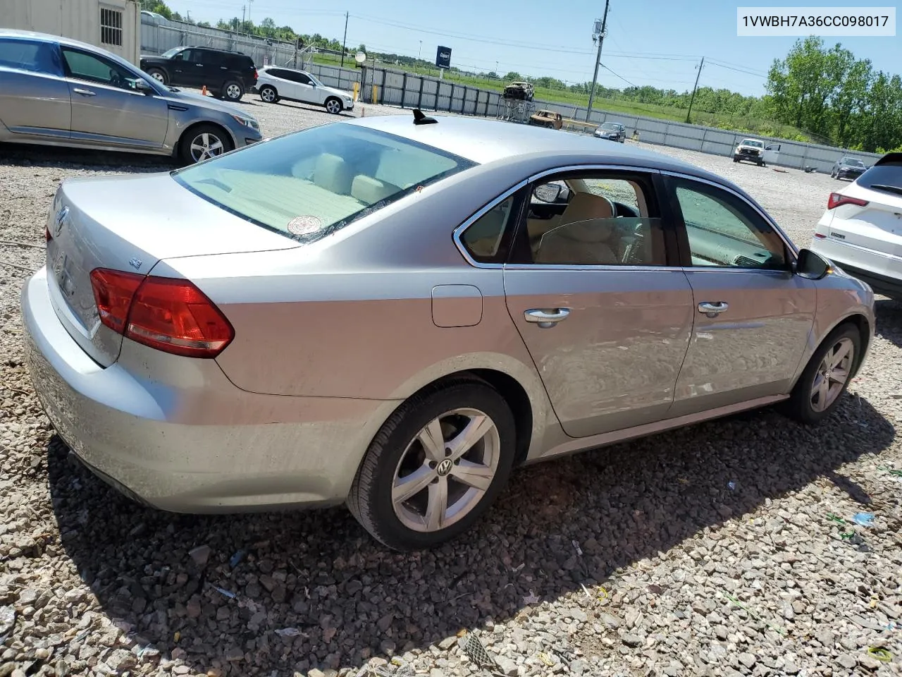 2012 Volkswagen Passat Se VIN: 1VWBH7A36CC098017 Lot: 52031454