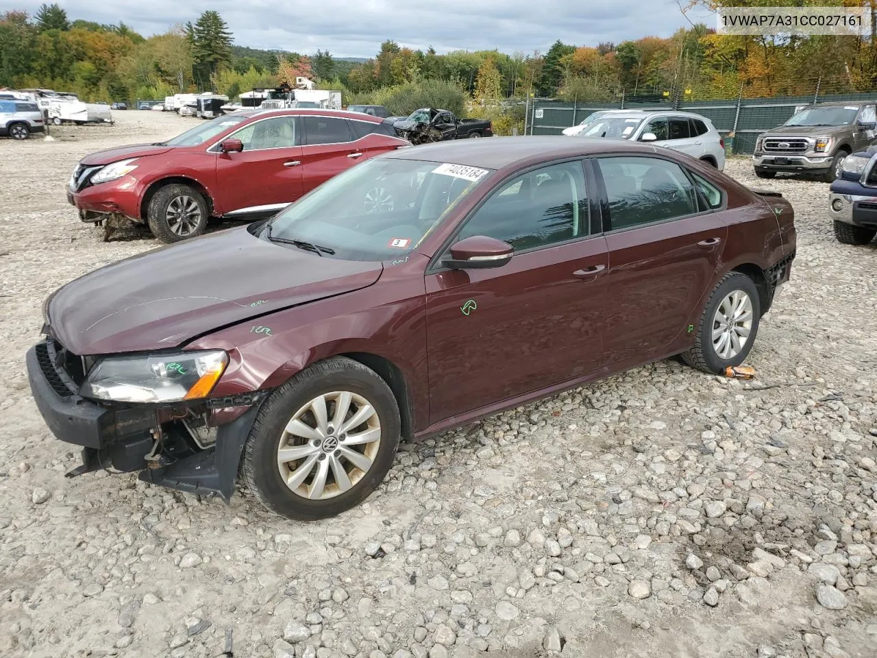 2012 Volkswagen Passat S VIN: 1VWAP7A31CC027161 Lot: 74035184