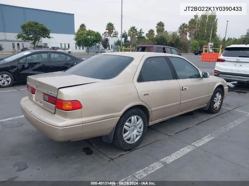 2000 Toyota Camry Le VIN: JT2BG22K1Y0390433 Lot: 40131486