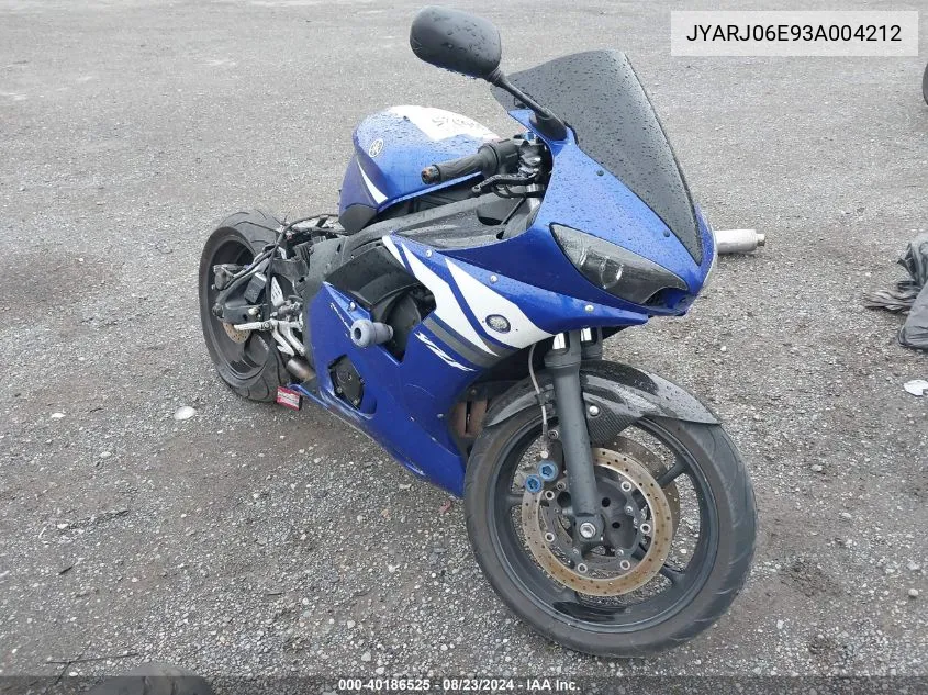 2003 Yamaha Yzfr6 L VIN: JYARJ06E93A004212 Lot: 40186525