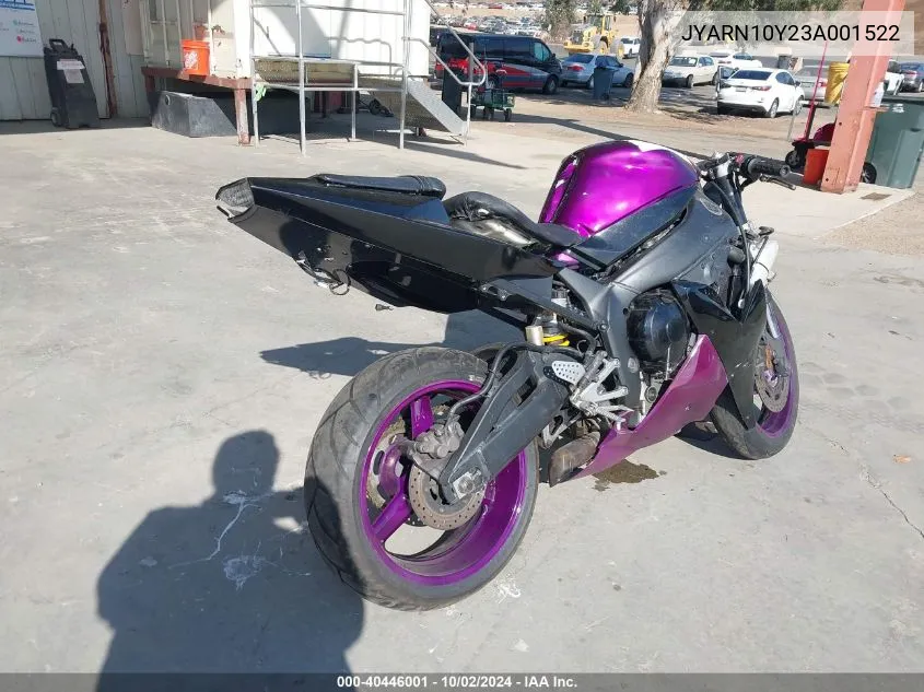 2003 Yamaha Yzfr1 VIN: JYARN10Y23A001522 Lot: 40446001