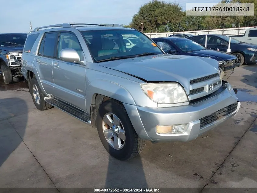 2004 Toyo 4Runner Limited Auto Limited V8 VIN: JTEZT17R640018948 Lot: 40372652