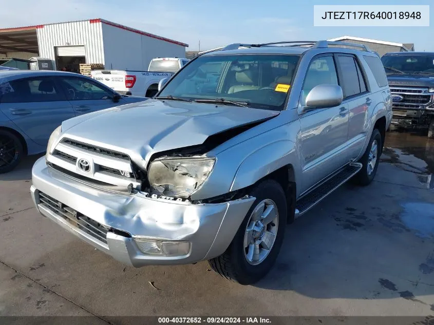 2004 Toyo 4Runner Limited Auto Limited V8 VIN: JTEZT17R640018948 Lot: 40372652