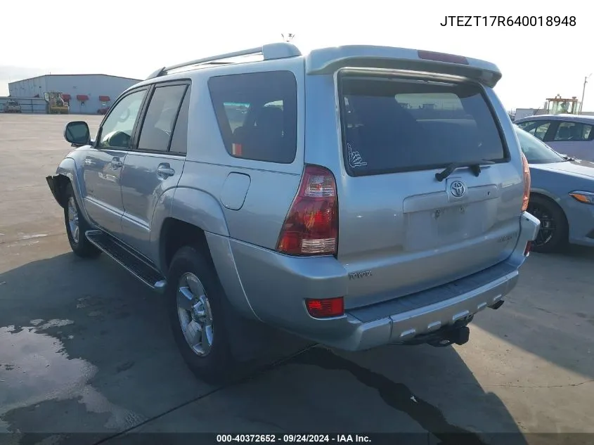 2004 Toyo 4Runner Limited Auto Limited V8 VIN: JTEZT17R640018948 Lot: 40372652