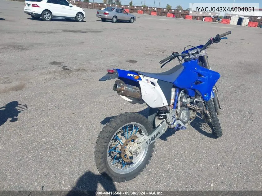 2004 Yamaha Wr450 F VIN: JYACJ043X4A004051 Lot: 40416504