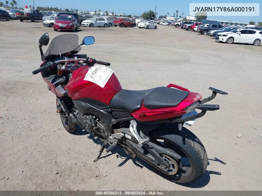 2006 Yamaha Fz1 S VIN: JYARN17Y86A000191 Lot: 40260213