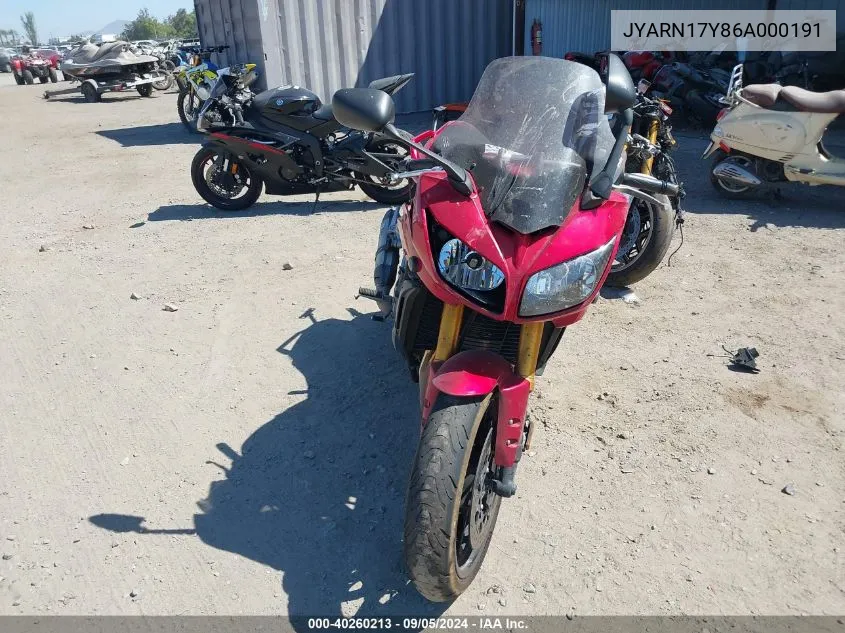 2006 Yamaha Fz1 S VIN: JYARN17Y86A000191 Lot: 40260213